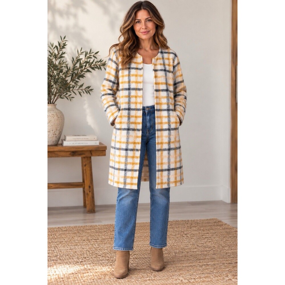 Cynthia Rowley Wool Blend Mustard Black Plaid Open Front Jacket Size Large